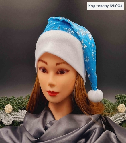 Шапочка новорічна, Блакитного кольору з сніжинками срібного кольору, велюрова 691004 фото 1