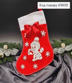 Чулок Рождественский, Красного цвета, с бантиком, блестящими снежинками и снеговичком 30*22см 691015 фото