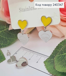 Сережки гвоздики, з підвісками сердечками, з жовтою емаллю, срібного кольору, сталь Stainless Steel 260009 фото
