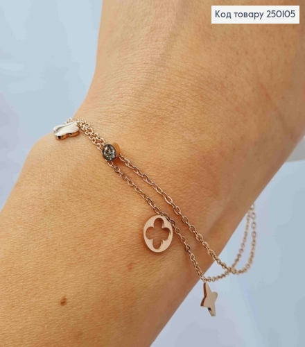 Браслет двойной медного цвета, с подвесками LV и камешком, 18+5см, сталь Stainless Steel 250105 фото 2