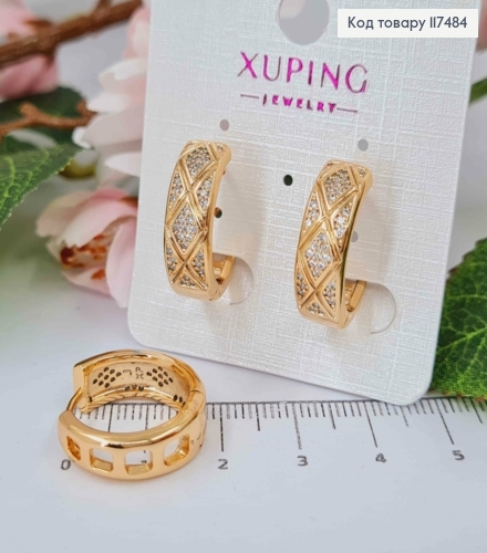 Серьги кольца, с узором и камнями, ширина 7мм, диаметр 1,9, Xuping 18К. 117484 фото 1