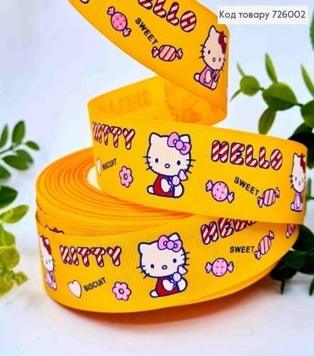 Стрічка репсова, ПОМАРАНЧЕВА з HELLO KITTY, ширина 2,5см, довжина 25 ярдів (23метри) 726002 фото 1