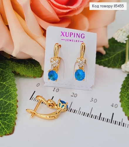 Серьги с сердечком в камнях и камнем лазурного цвета, 1,5см. Xuping 18K 115455 фото 1