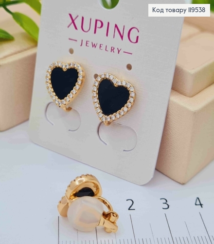 Сережки-кліпси "Серце" з Чорною емаллю та Камінцями, 1,3см, Xuping 18K 119538 фото 2