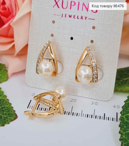 Сережки стрілочки в камінцях з перлинкою, 1,5см, англ. заст. Xuping 18K 116476 фото 1