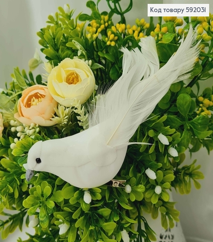 Флористическая заколка, 17см, ПТАШЕЧКА белого цвета, с крыльями из перьев, Польша 592031 фото 1