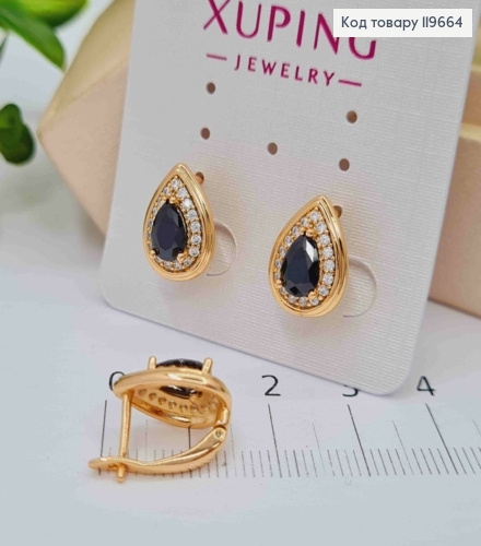 Сережки "Краплинки" з Чорним каменем, довжина 1,4см, англійська застібка, Xuping 18К 119664 фото 2