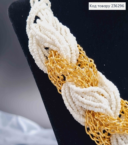 Намисто "Косичка" плетене з бісеру перламутрового кольору та золотого ланцюжка, 45+7см 236296 фото 2