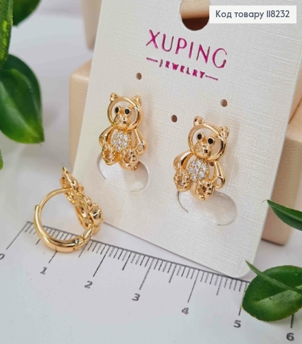 Серьги кольца (1,2см) "Мишка" (1,4см) с Яркими камешками, Xuping 18К 118232 фото 1