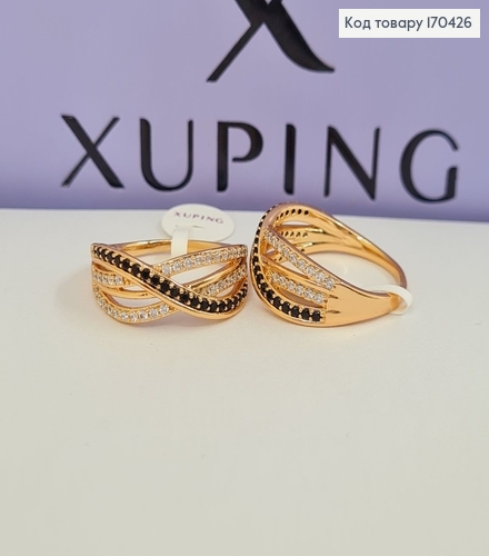 Перстень Переплетенний з чорними камінцями  Xuping 18K 170658 фото 1