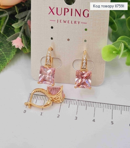 Серьги с квадратным розовым камнем, 1,9см, английская застежка, XUPING 18K 117591 фото 1