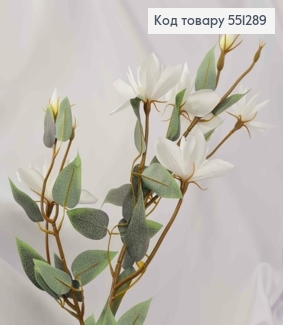 Искусственный цветок Клематиса, БЕЛАЯ с пастельными листочками (5 цветков+2 бутона), композиция высотой 85см 551289 фото