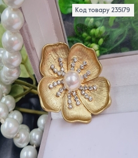 Брошка метал Квітка золото з перлинкою і камінцями 4х4см 235179 фото