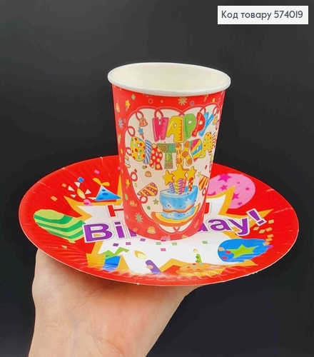 Набор тарелок бумажных  18см"Happy Birthday" с рисунком шариков и хлопушек 10шт/уп 574019 фото 2