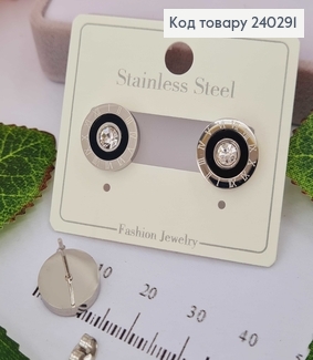 Сережки родовані кільця "Римський годинник" з чорною вставкою та камінцем, 1.4см, Stainless Steel 260005 фото