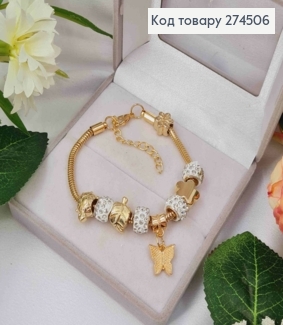 Браслет "ПАНДОРА" з Білим шармиком в камінцях та підвіскою (Метелик), золотого кольору, біжутерія 274506 фото