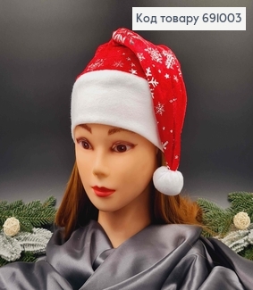 Шапочка новорічна, Червоного кольору з сніжинками срібного кольору, велюрова 691003 фото