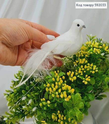 Флористическая заколка, 13см, ПТАШЕЧКА белого цвета, с хвостиком с тоненькими и пушистыми перьями, Польша 592033 фото 2