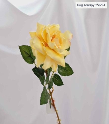 Штучна квітка  ніжно ЖОВТА  троянда 10см , бархатна, на металевому стержні, висотою 62см 551294 фото 1