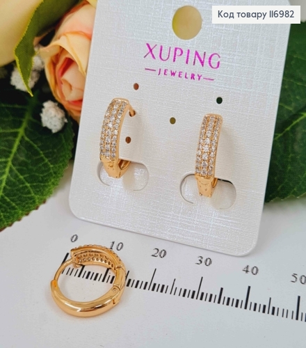 Сережки кільця 1,5см, з прямокутною вставкою в камінцях, Xuping 18K 116982 фото 1