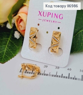 Сережки пластинки, фактурні з камінцями, 1,5см, англ. заст, Xuping 18K 116986 фото