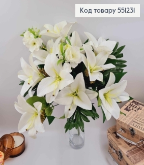 Композиція "Букет БІЛИХ лілій", (10 лілій+ інші білі квіточки та додатки), висотою 50см 551231 фото