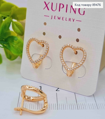 Серьги "Сердца" с Блестящими камешками, 1,3см, английская застежка, Xuping 18К 119476 фото 2