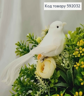 Флористична заколка, 13см, ПТАШЕЧКА білого кольору, з хвостиком з пір'їнкою, з білим клювиком, Польщ 592032 фото