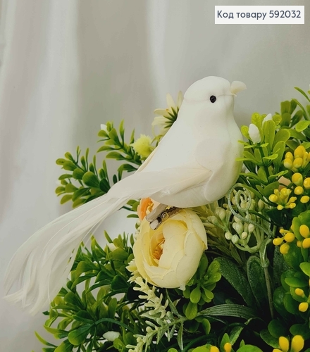 Флористична заколка, 13см, ПТАШЕЧКА білого кольору, з хвостиком з пір'їнкою, з білим клювиком, Польщ 592032 фото 1