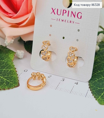 Сережки кільця 1см, "Кохані" з сердечками в камінцях, Xuping 18K 116328 фото 1