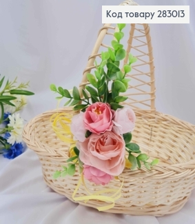 Декоративна пов'язка для кошика з Рожевими квіточками та зеленью, 8*16см на зав'язках 283013 фото