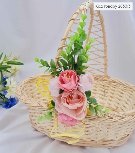 Декоративна пов'язка для кошика з Рожевими квіточками та зеленью, 8*16см на зав'язках 283013 фото 1