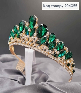 Тіара під золото, "Вікторіанська" з зеленими камінцями 294055 фото
