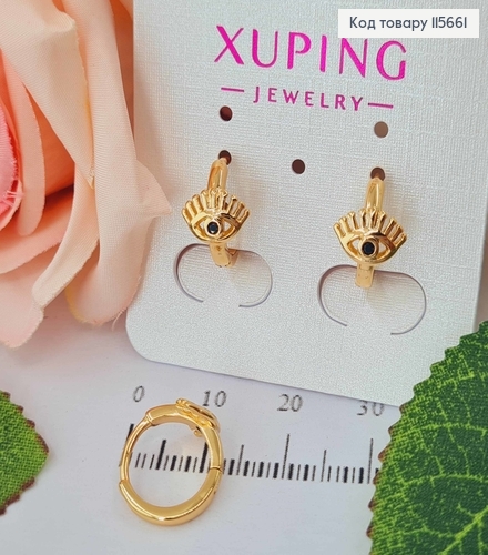 Сережки кільця 1,1см Очі з чорним камінчиком Xuping 18K 115661 фото 1