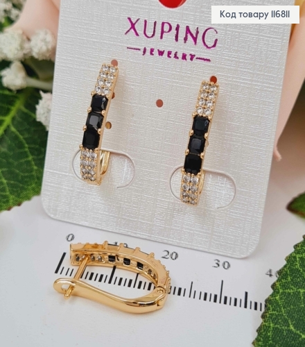 Сережки Стріли, з трьома Чорними камінцями, 2см, англ. заст., Xuping 18K 116811 фото 1