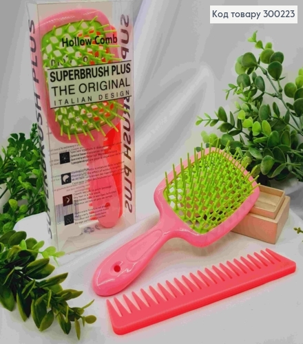 Набор: щетка для волос Розовая с Салатовым + Розовый гребень, "Hollow Comb" Superbrush, 20,5*8см 300223 фото 1
