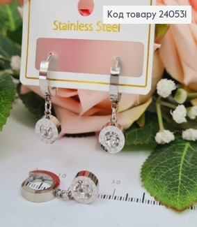 Серьги кольца, Римские часы с камешком, цвет серебряные, Stainless Steel 260031 фото