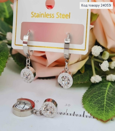 Сережки кільця, Римський годинник з камінцем, колір срібні, Stainless Steel 260031 фото 1