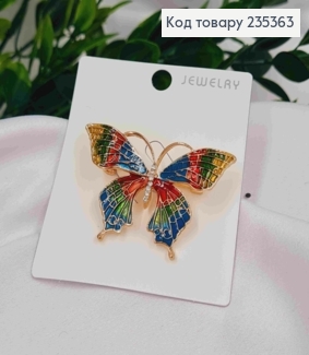 Брошь, "Бабочка" с камешками, Сине-Красно-Зеленого цвета, размер 5*3см, золотого цвета 235363 фото