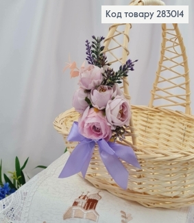 Декоративна пов'язка для кошика з БУЗКОВИМ піоном та  квітами, 9*14см на зав'язках 283014 фото