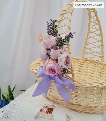Декоративна пов'язка для кошика з БУЗКОВИМ піоном та  квітами, 9*14см на зав'язках 283014 фото 1