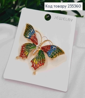 Брошь, "Бабочка" с камешками, Красно-Зеленого цвета, размер 5*3см, золотого цвета 235360 фото