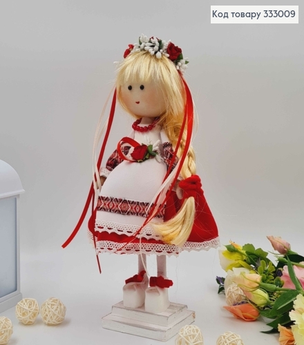Кукла ДЕВОЧКА, "Со светлой косой" в красной бархатной юбочке, высота 32см, ручная работа, Украина 333009 фото 1