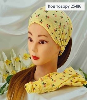 Повязка-платок на резинке,(натур. ткань) Желтого цвета с цветочками шир.20см, объем24см.(ручная работа) 254116 фото