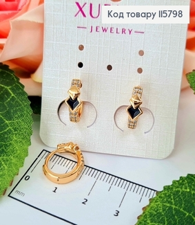 Серьги кольца 1,2см, Ромбик с черной эмалью, с камешками Xuping 18K 115798 фото