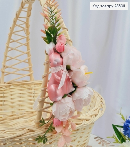 Декоративна пов'язка для кошика РОЖЕВА з зайчиком та  квітами, 16*10см на зав'язках 283011 фото 1