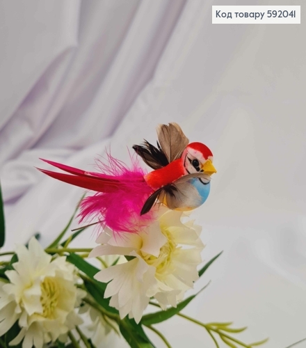 Флористична заколка, 8см, Пташечка яскравих кольорів з довгим хвостиком і пір'ям, в асорт. 592041 фото 2