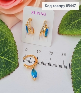 Сережки кафи на хрящ, з підвіскою з голубим камінцем. 1см. Xuping 18K 115447 фото