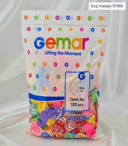 Воздушные шары, латексные "12" Gemar цветные с надписью(30см), 100шт\уп 574110 фото 1