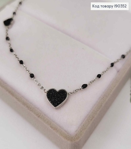 Цепочка родованная, с черными бусинками, с сердечками в черных камнях, длина 45+5см, Xuping 190352 фото 2